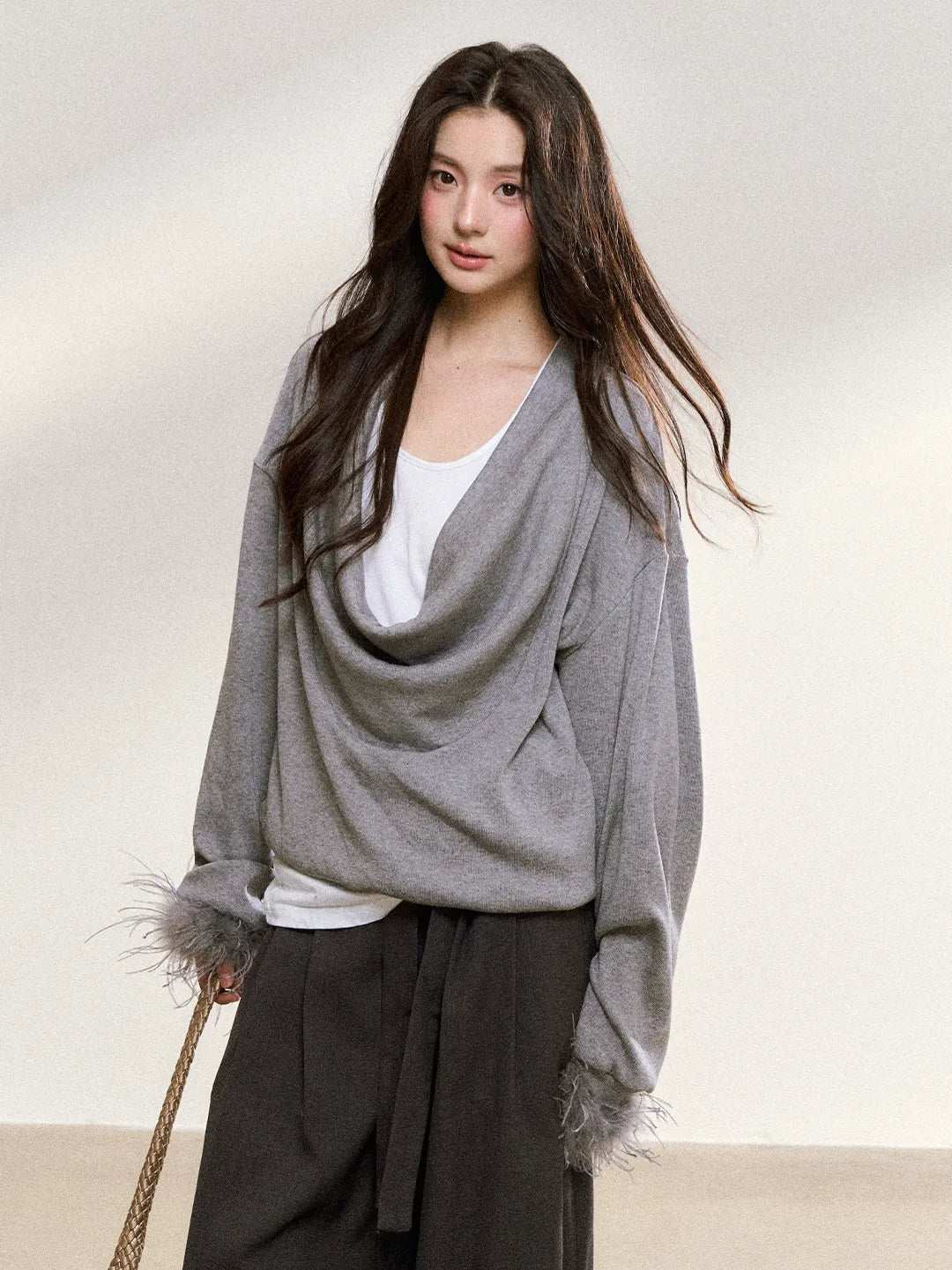 Cowl Neck Knit Top with Faux Fur Cuffs