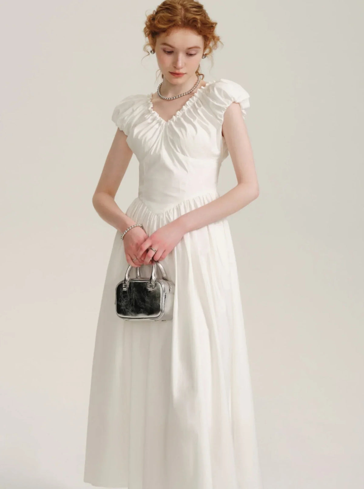 Fungus Trim V-Neck Long Dress