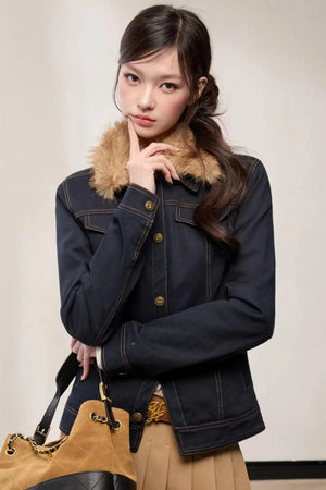 Fur Collar Patchwork Denim Jacket