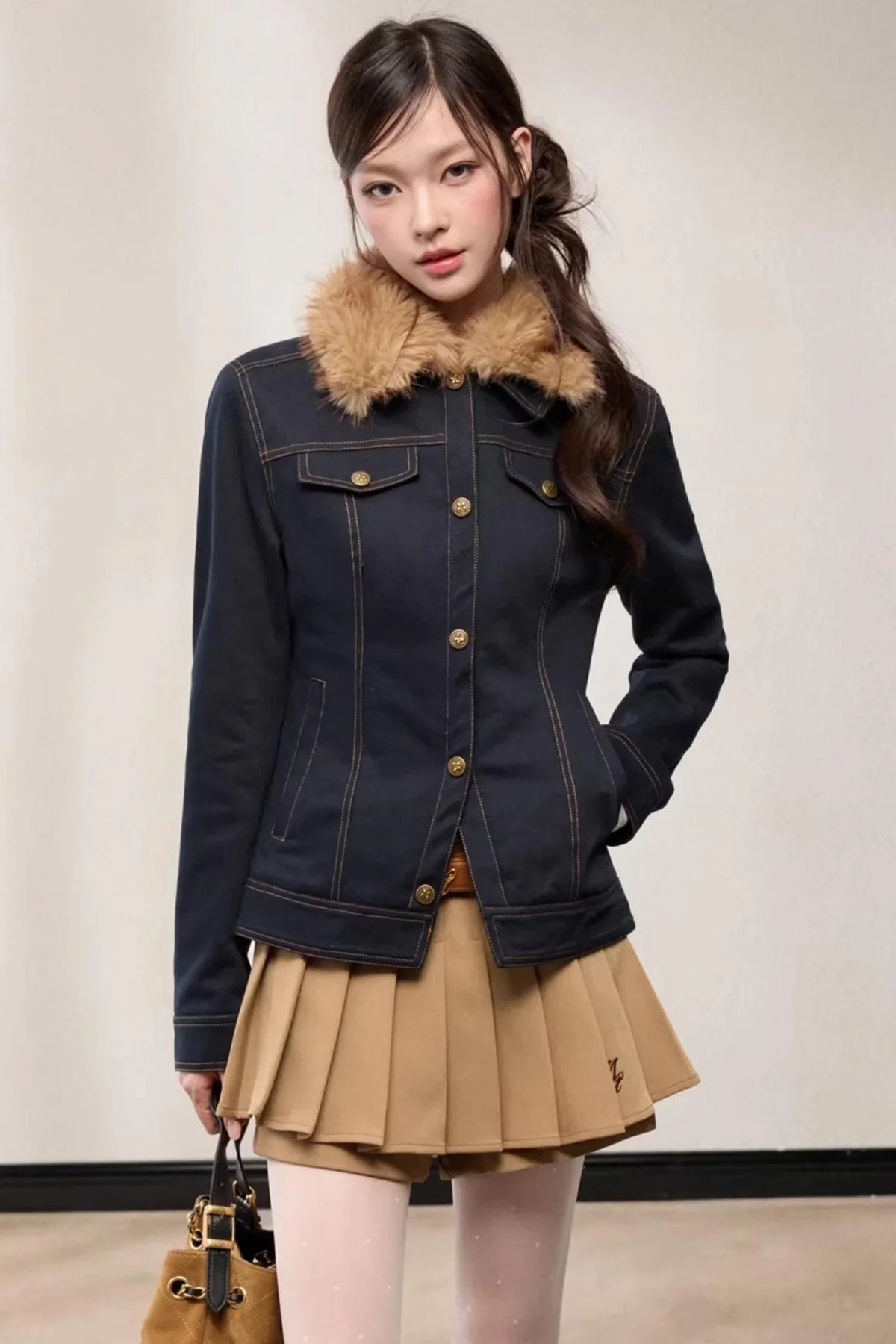 Fur Collar Patchwork Denim Jacket