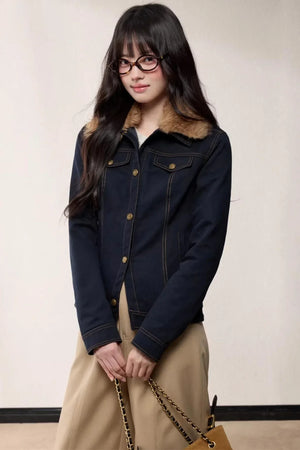 Fur Collar Patchwork Denim Jacket