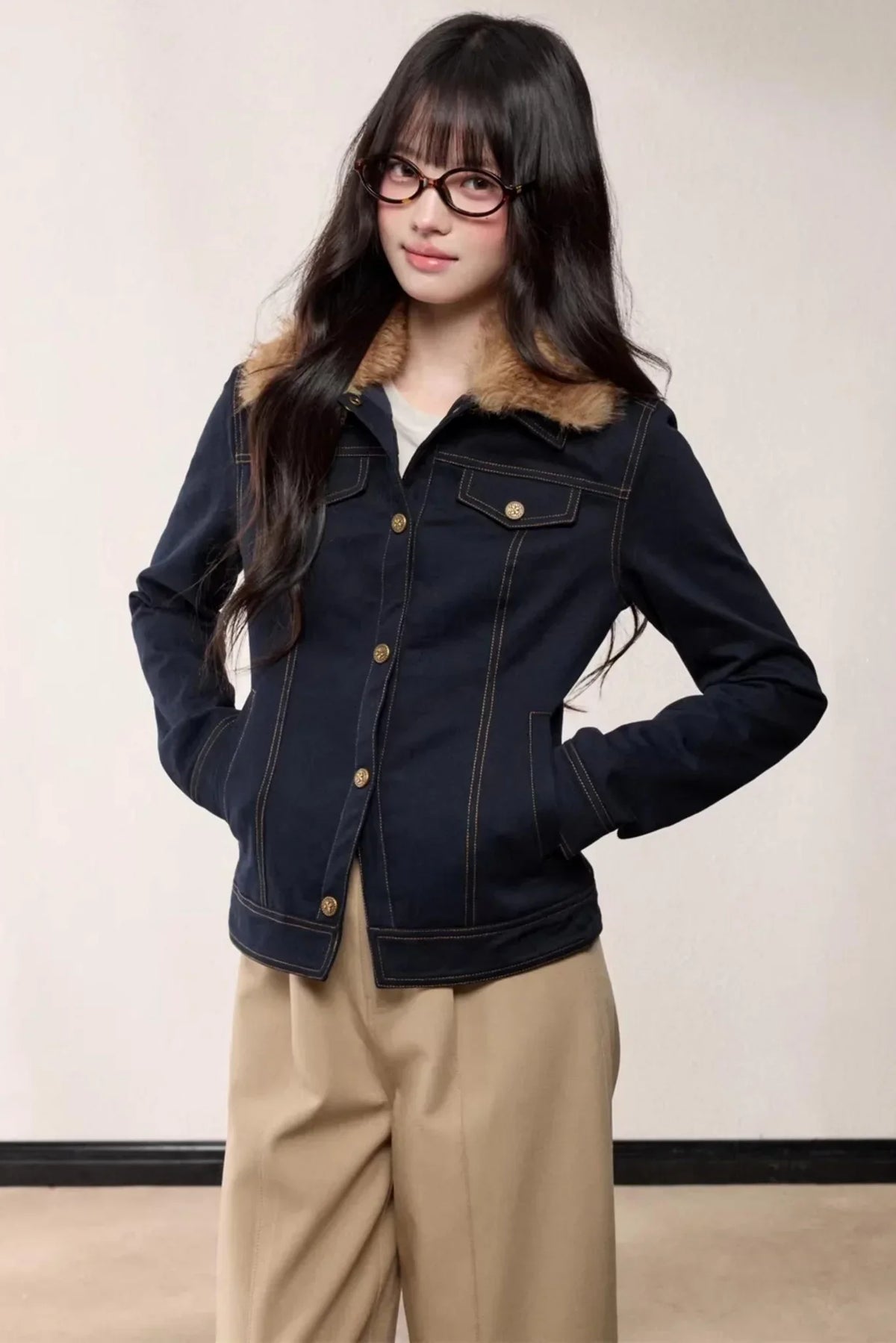 Fur Collar Patchwork Denim Jacket