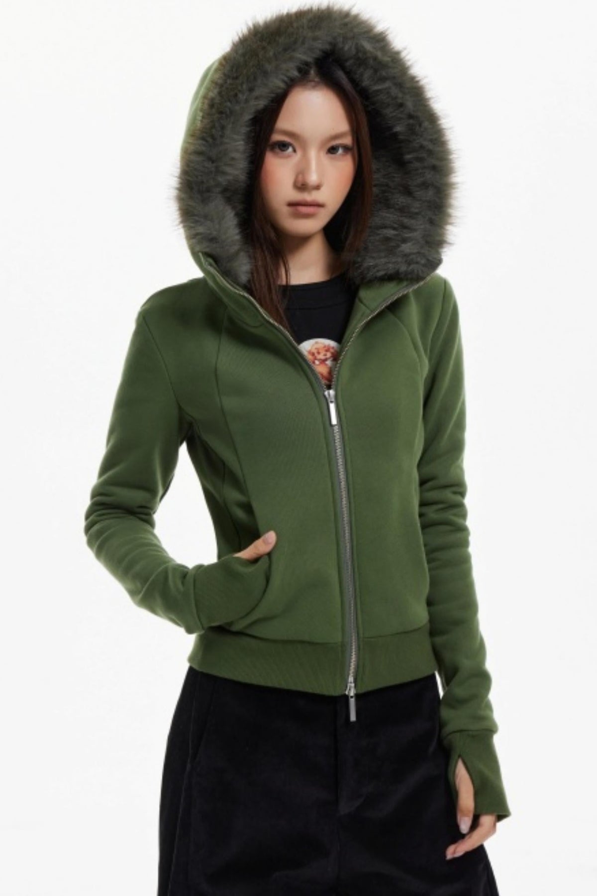 Fur Collar Slim Cotton Hooded Jacket