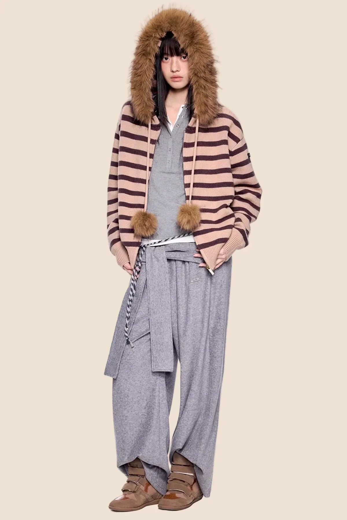 Fur Collar Striped Knit Cardigan