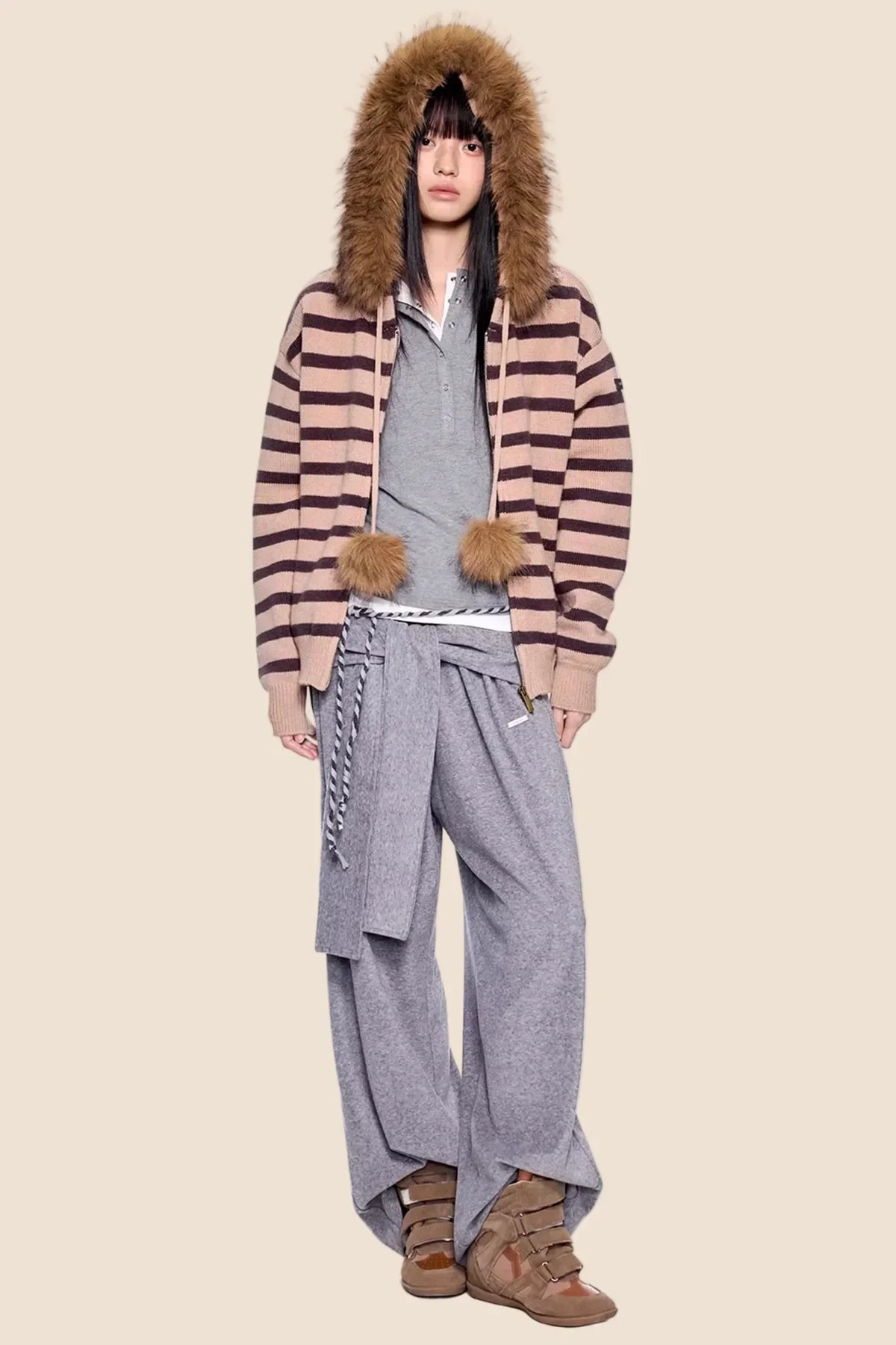 Fur Collar Striped Knit Cardigan