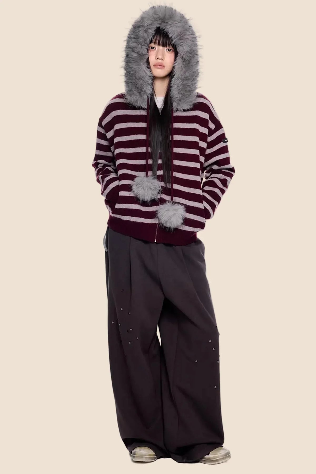 Fur Collar Striped Knit Cardigan