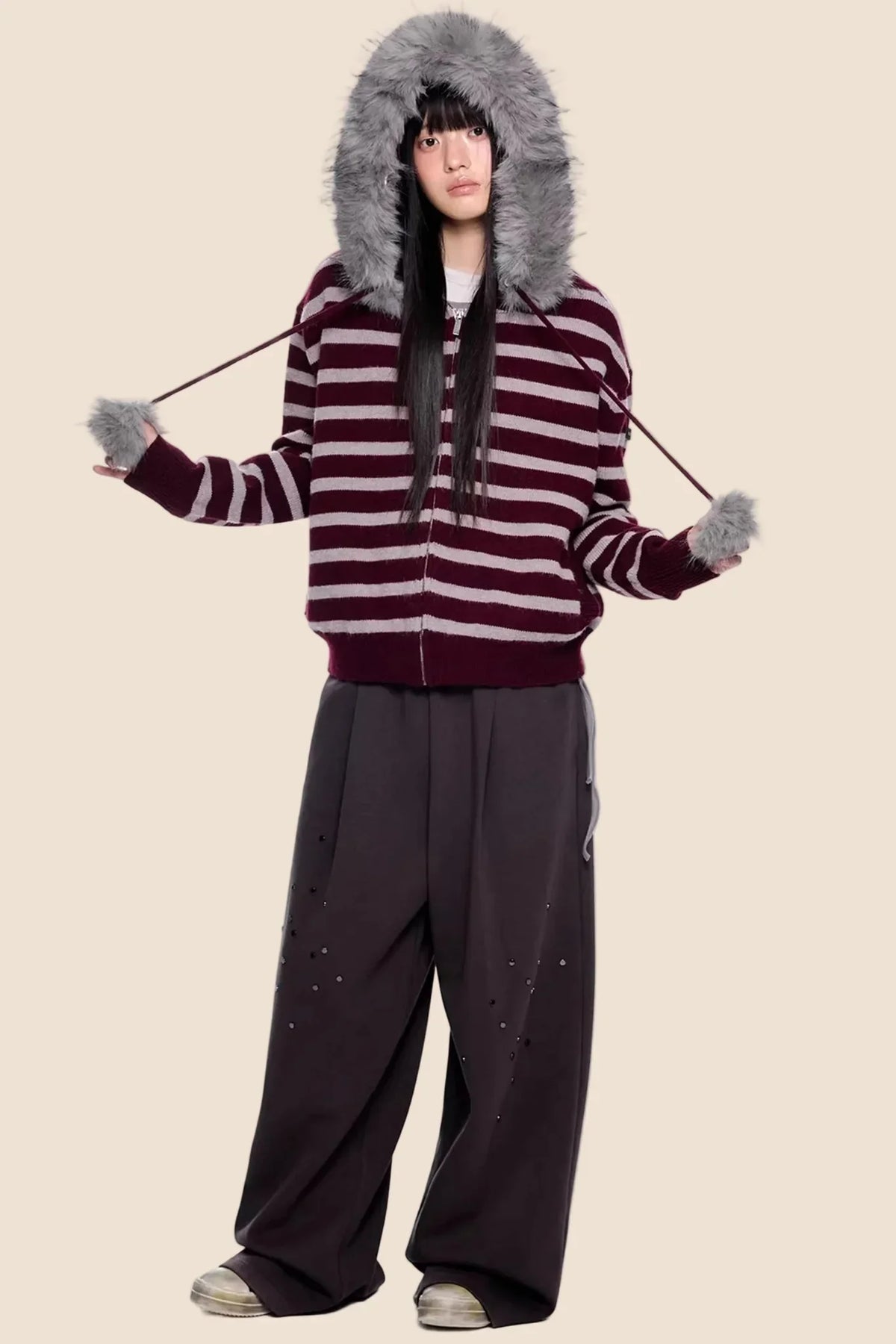 Fur Collar Striped Knit Cardigan