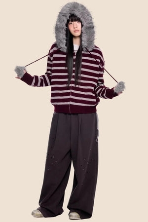 Fur Collar Striped Knit Cardigan