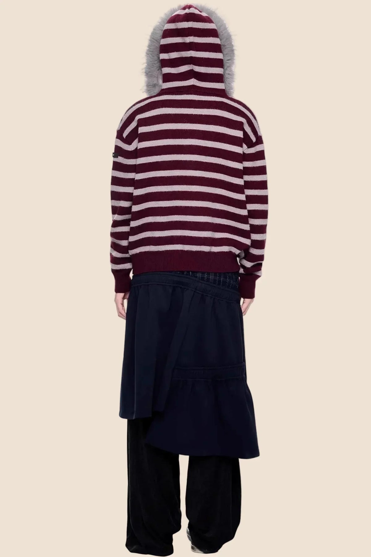 Fur Collar Striped Knit Cardigan