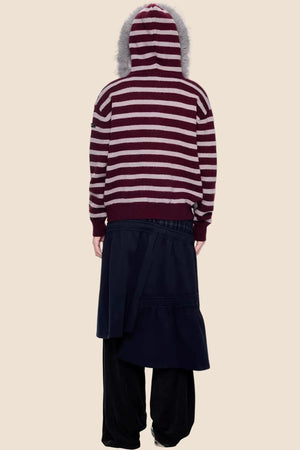 Fur Collar Striped Knit Cardigan
