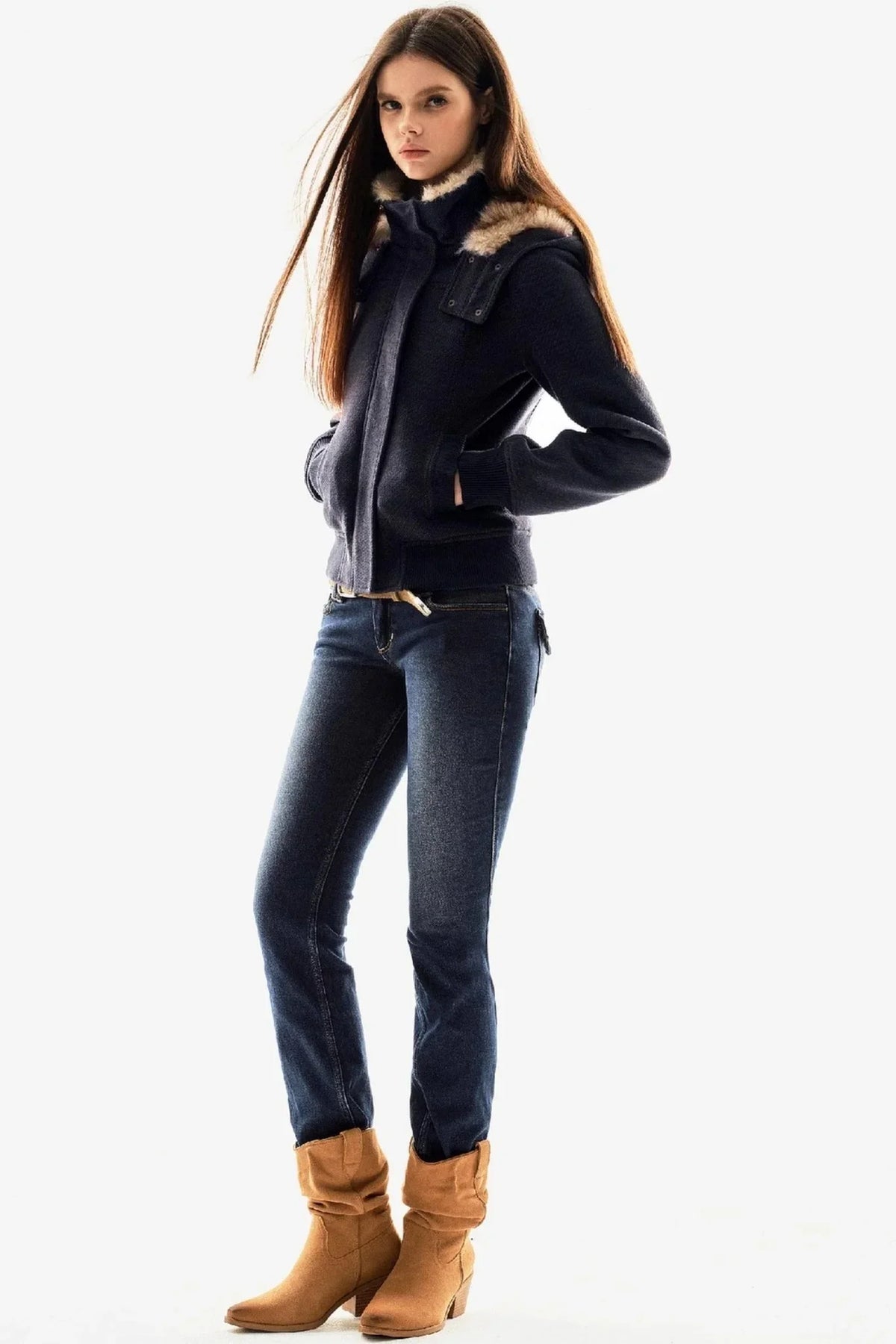 Fur Collar Textured Hooded Jacket