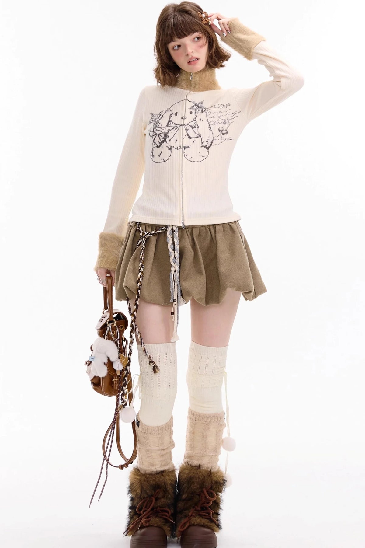 Fur Collar Zipper Rabbit Print Turtleneck Knitted Top