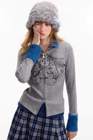 Fur Collar Zipper Rabbit Print Turtleneck Knitted Top