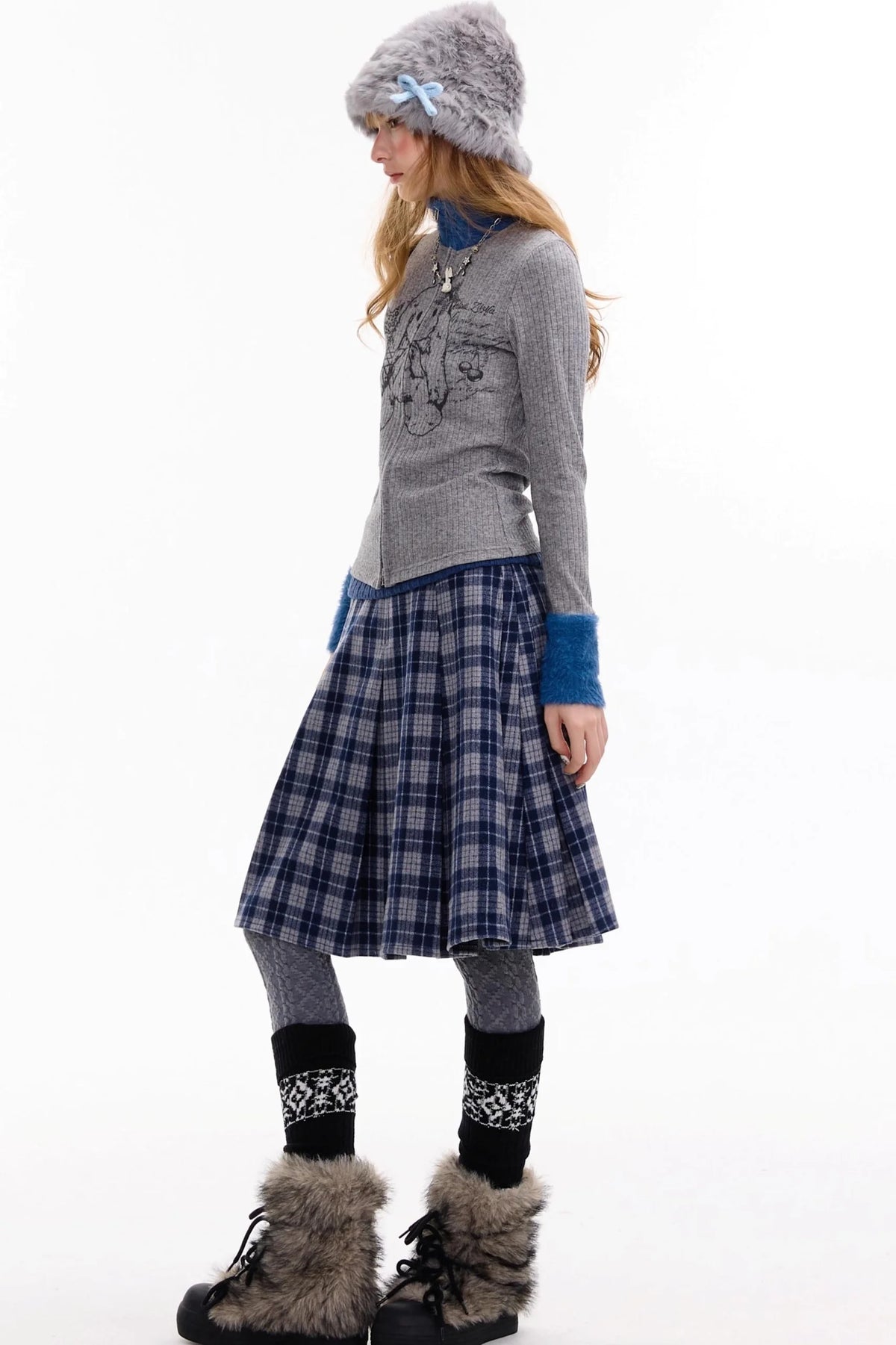 Fur Collar Zipper Rabbit Print Turtleneck Knitted Top