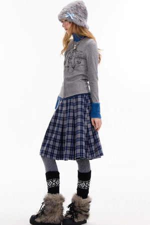 Fur Collar Zipper Rabbit Print Turtleneck Knitted Top