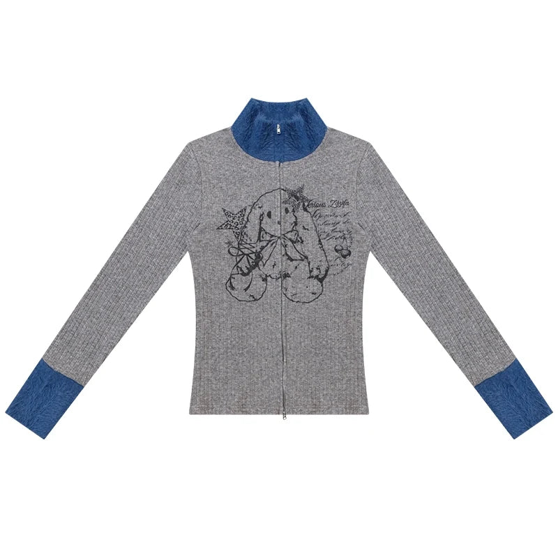 Fur Collar Zipper Rabbit Print Turtleneck Knitted Top