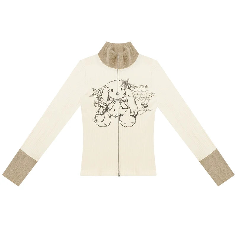 Fur Collar Zipper Rabbit Print Turtleneck Knitted Top