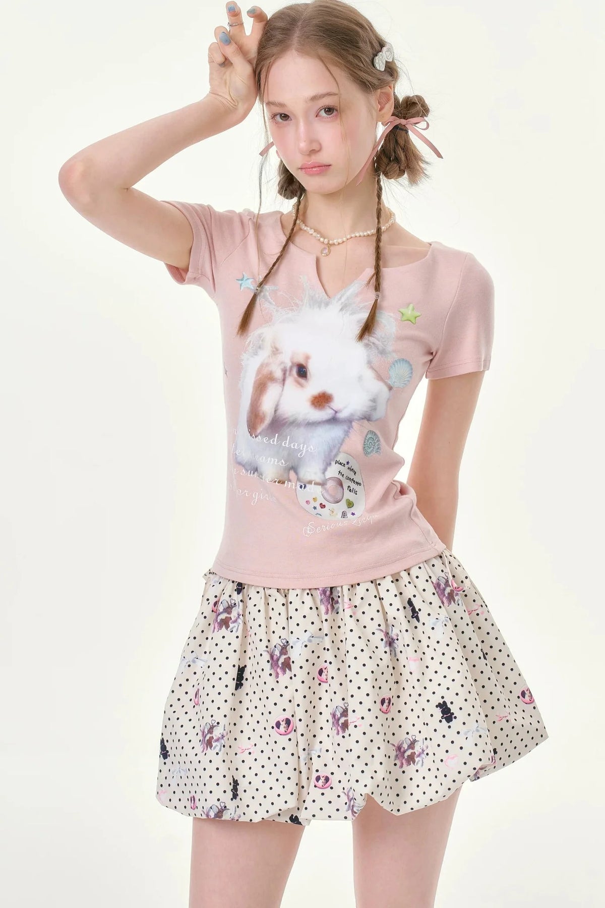 Fuzzy Pink Rabbit Print T-Shirt