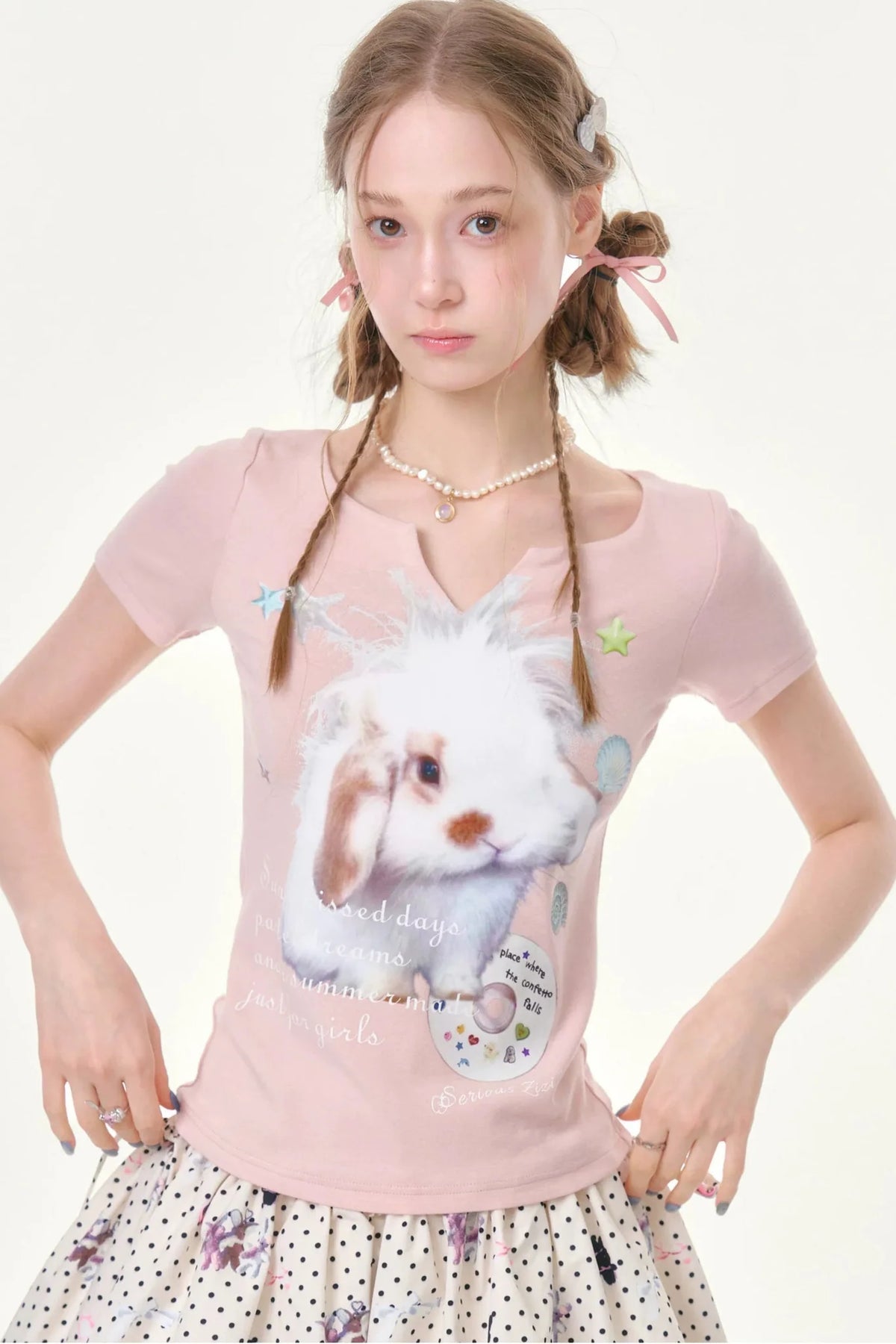 Fuzzy Pink Rabbit Print T-Shirt