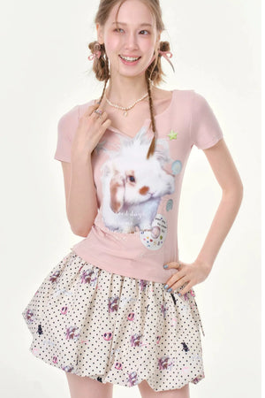 Fuzzy Pink Rabbit Print T-Shirt