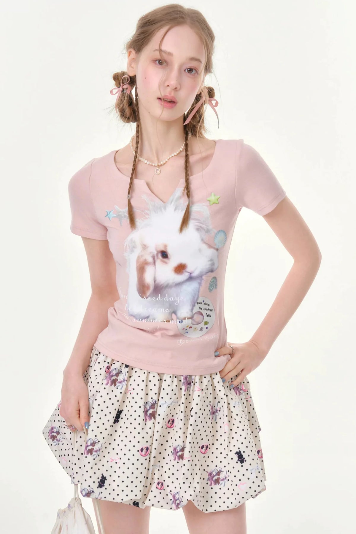 Fuzzy Pink Rabbit Print T-Shirt