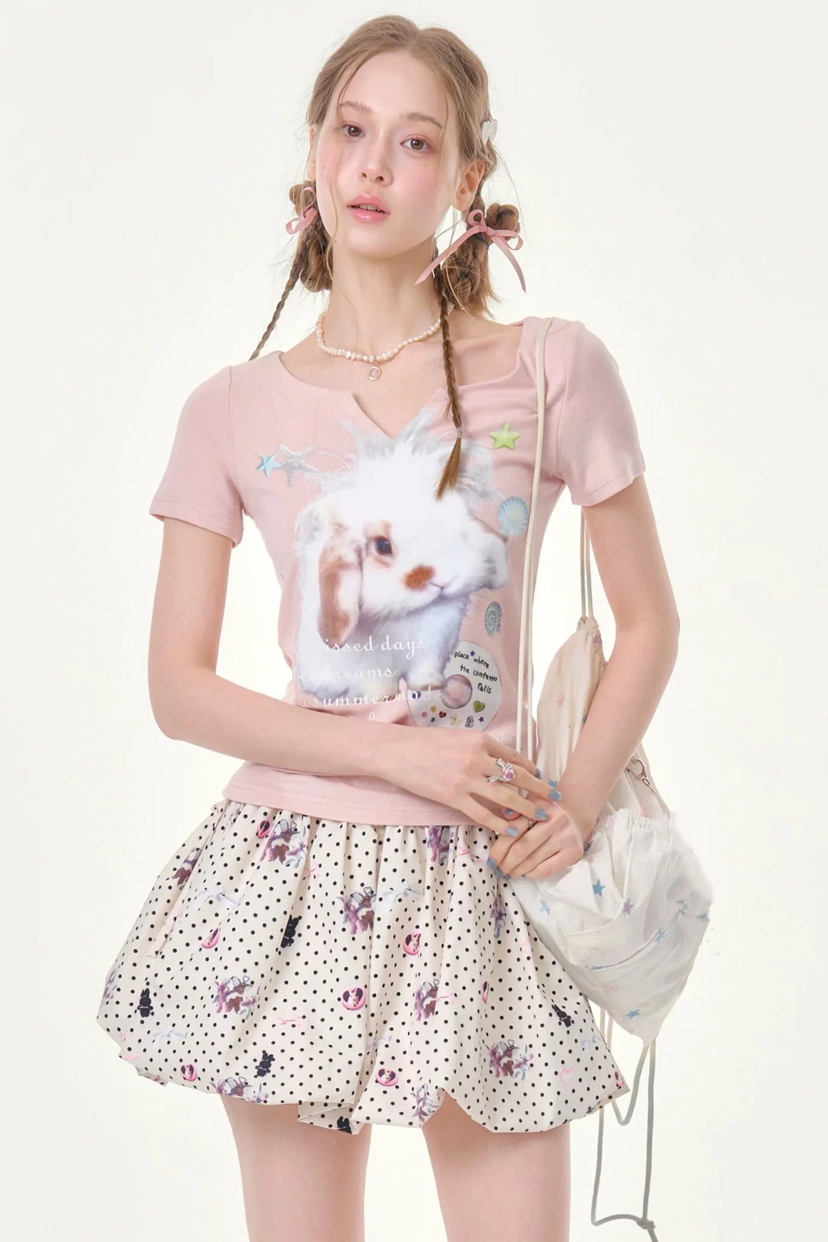 Fuzzy Pink Rabbit Print T-Shirt