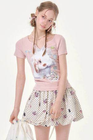 Fuzzy Pink Rabbit Print T-Shirt