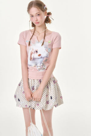 Fuzzy Pink Rabbit Print T-Shirt