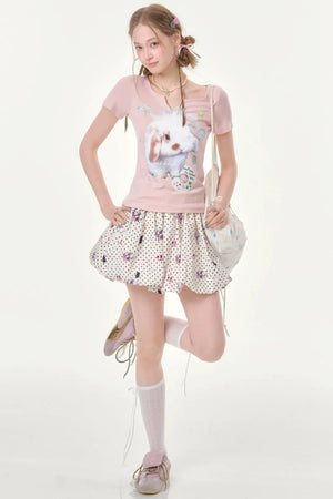 Fuzzy Pink Rabbit Print T-Shirt