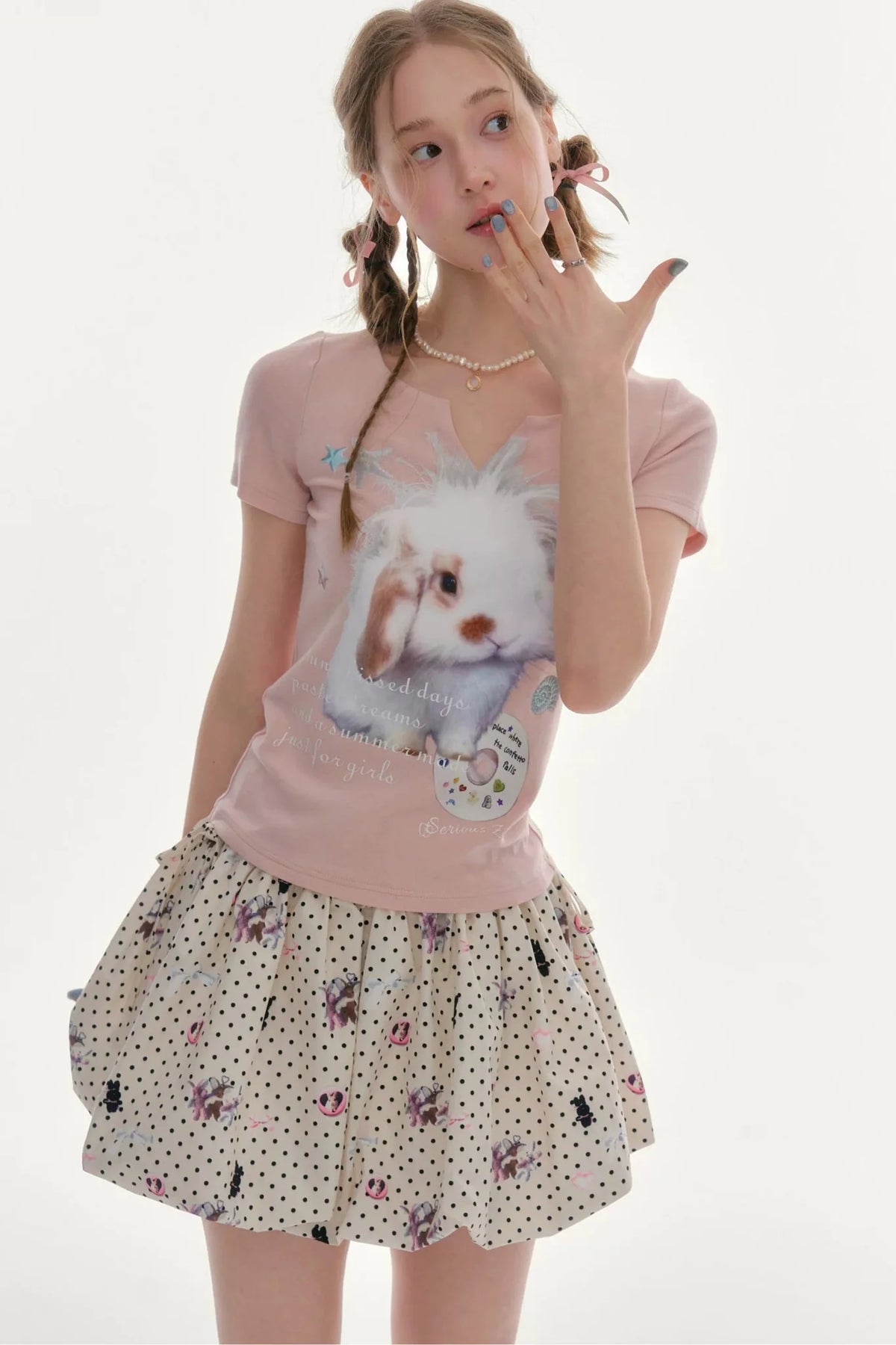 Fuzzy Pink Rabbit Print T-Shirt