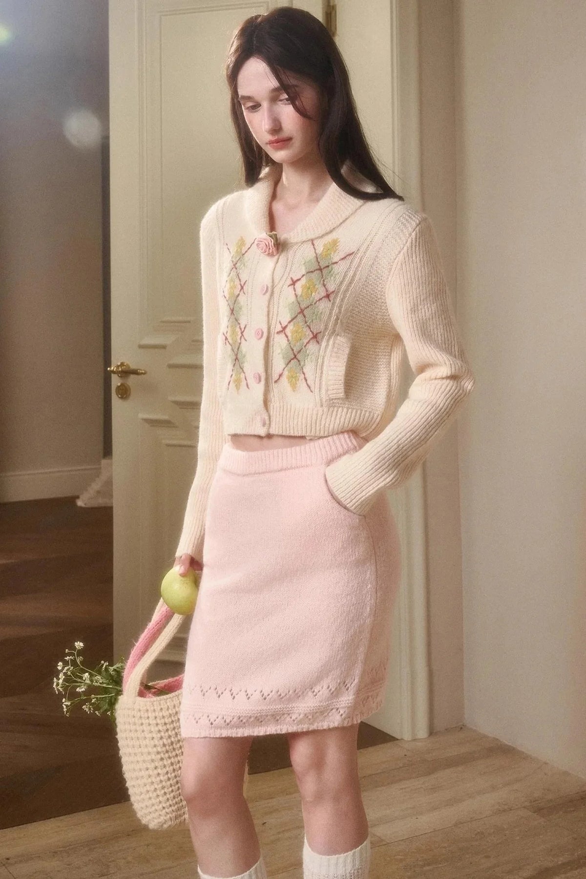 Galaxy Wool Knit Pinkish Skirt Set-Up