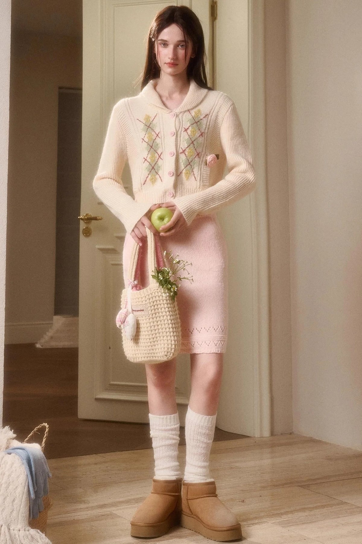 Galaxy Wool Knit Pinkish Skirt Set-Up