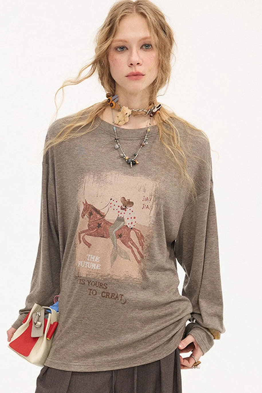 Galloping Horse Print Long Sleeve Tee