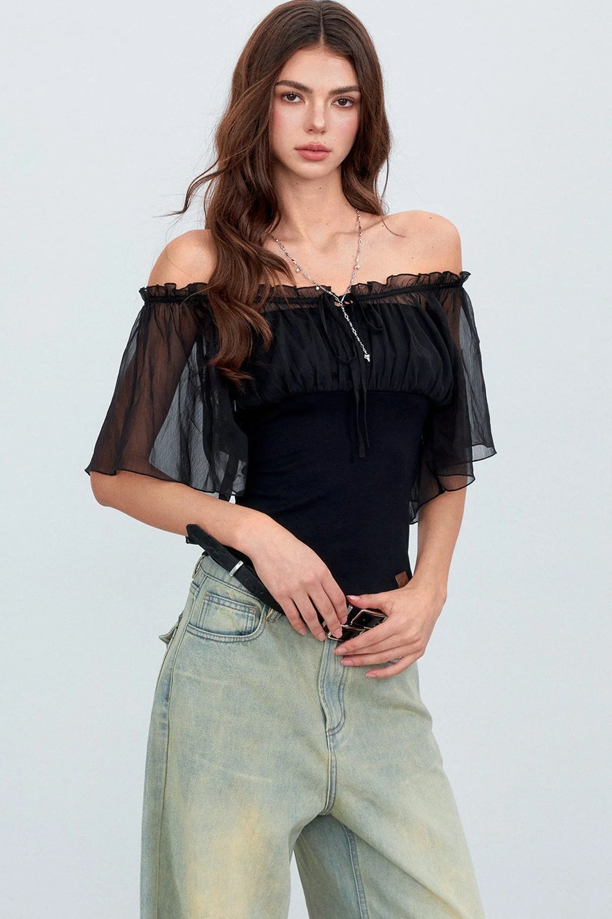 Gauze Patchwork Ruffle Top