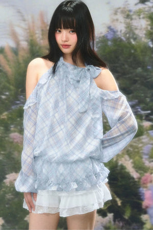 Gentle Plaid Off-Shoulder Halter Top Set-Up