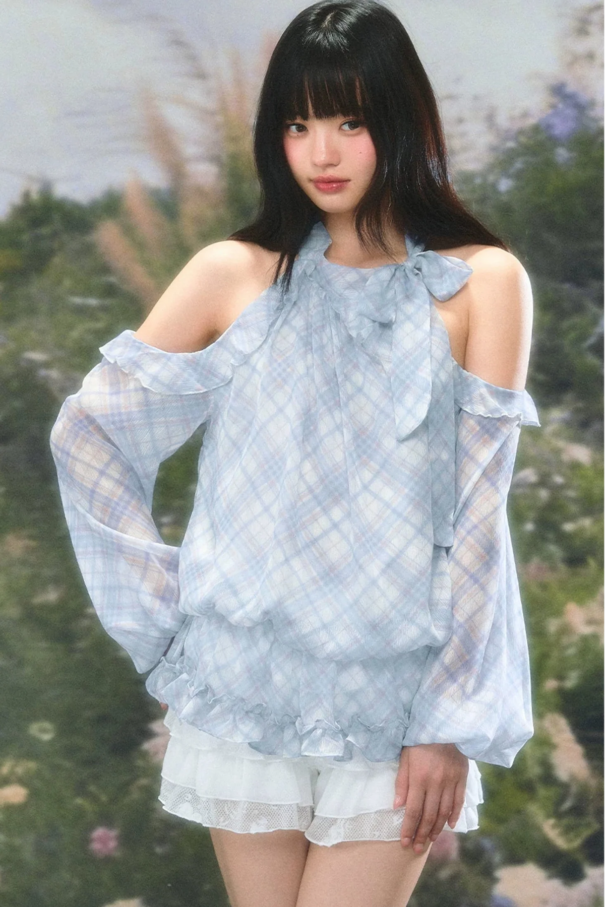 Gentle Plaid Off-Shoulder Halter Top Set-Up