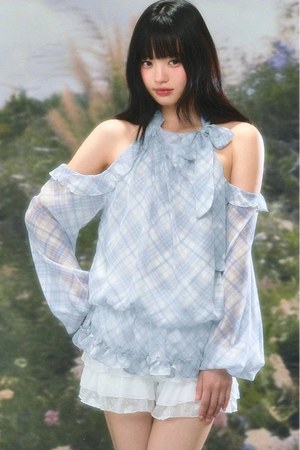 Gentle Plaid Off-Shoulder Halter Top Set-Up