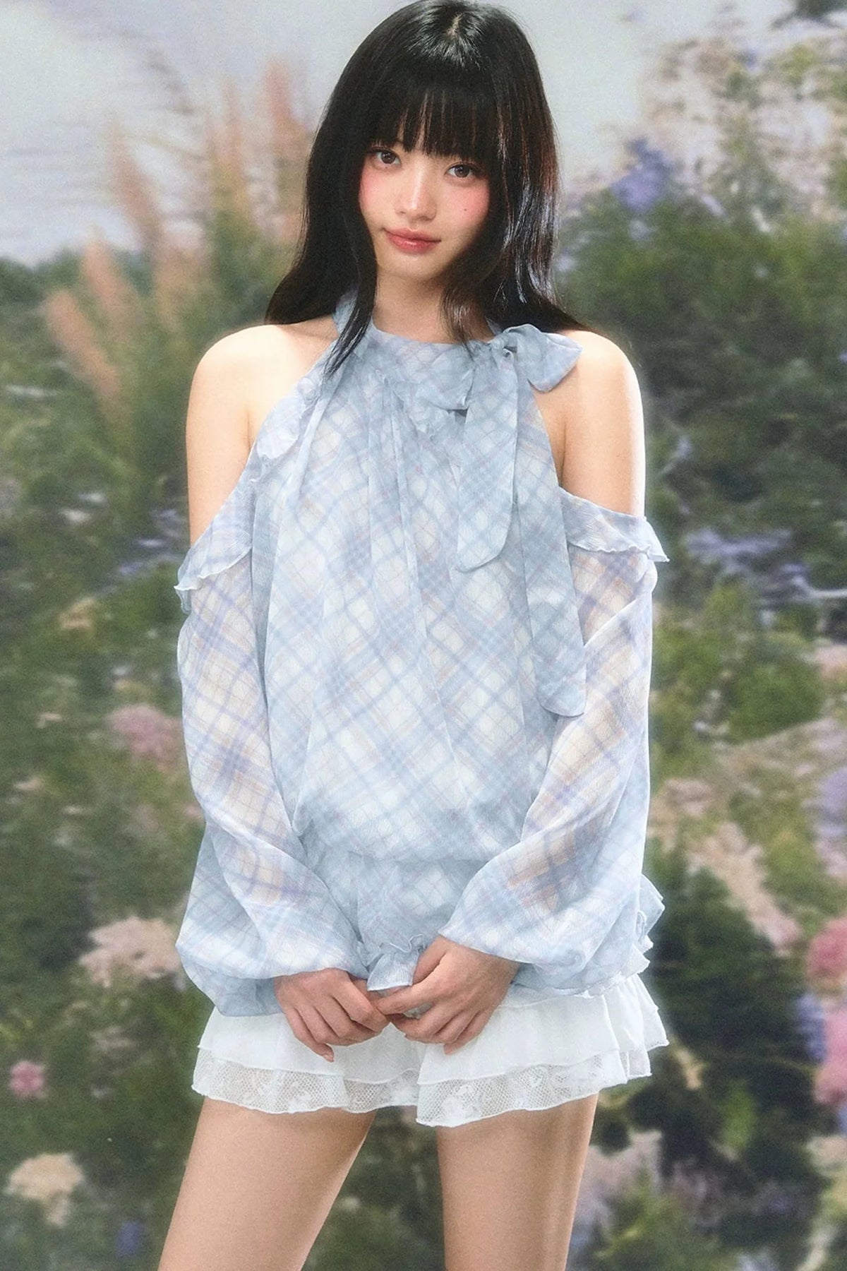 Gentle Plaid Off-Shoulder Halter Top Set-Up