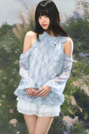 Gentle Plaid Off-Shoulder Halter Top Set-Up