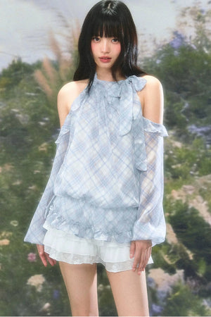 Gentle Plaid Off-Shoulder Halter Top Set-Up
