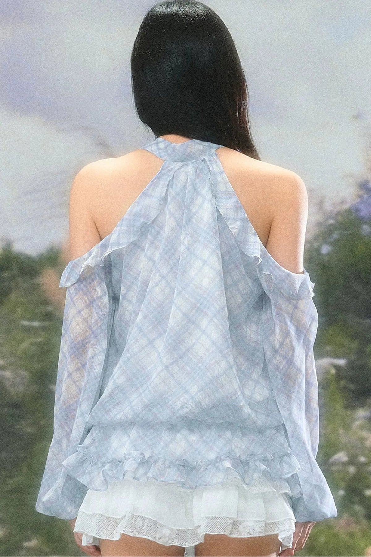 Gentle Plaid Off-Shoulder Halter Top Set-Up