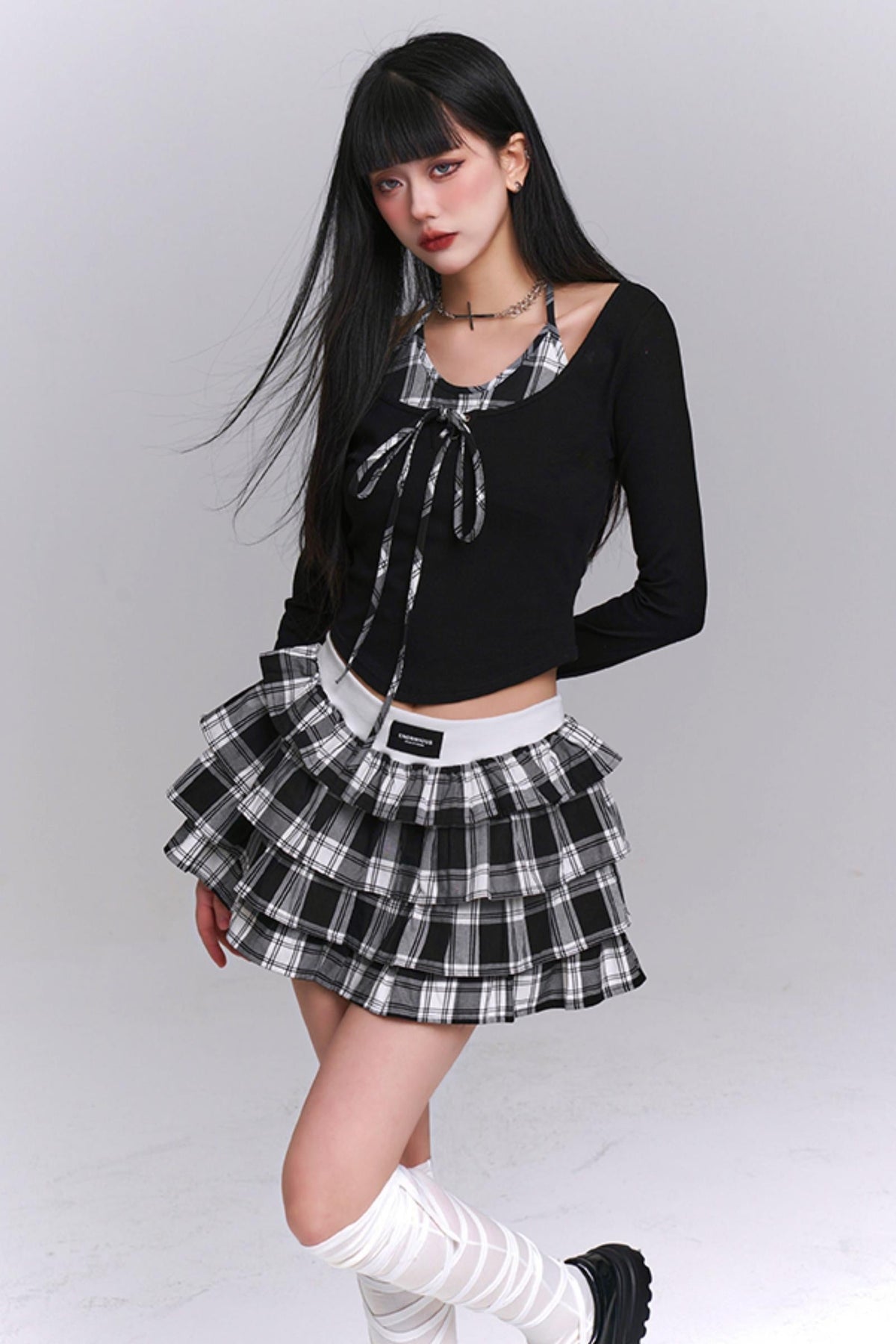 Ghost Girl Plaid Puff Skirt Set-Up