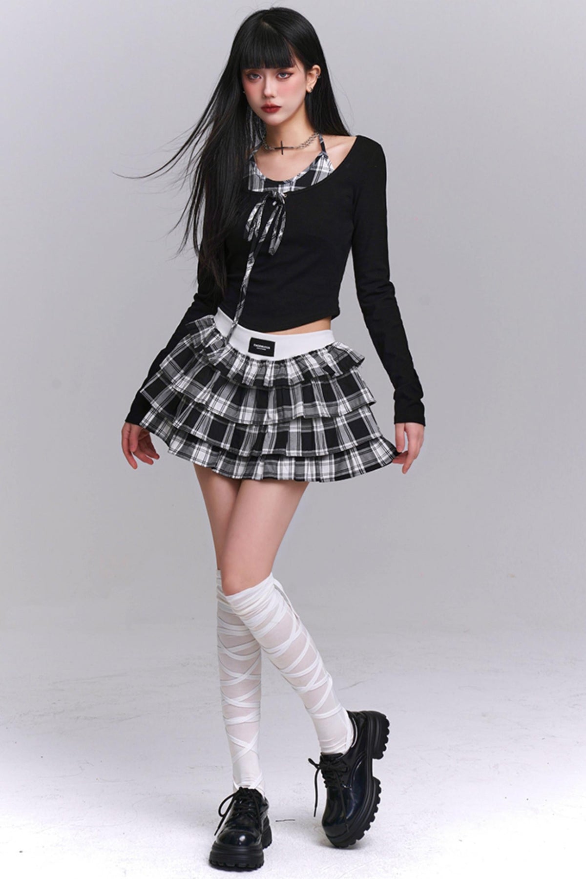 Ghost Girl Plaid Puff Skirt Set-Up