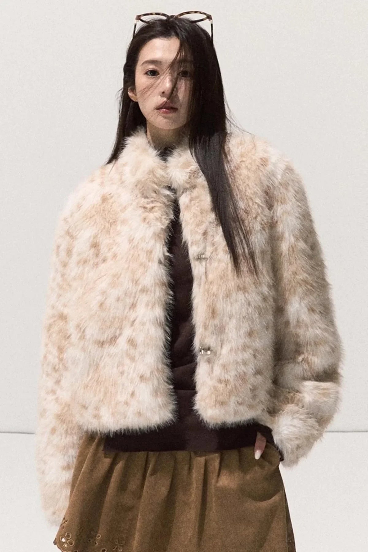 Girlish Leopard Print Fur Coat Set-Up