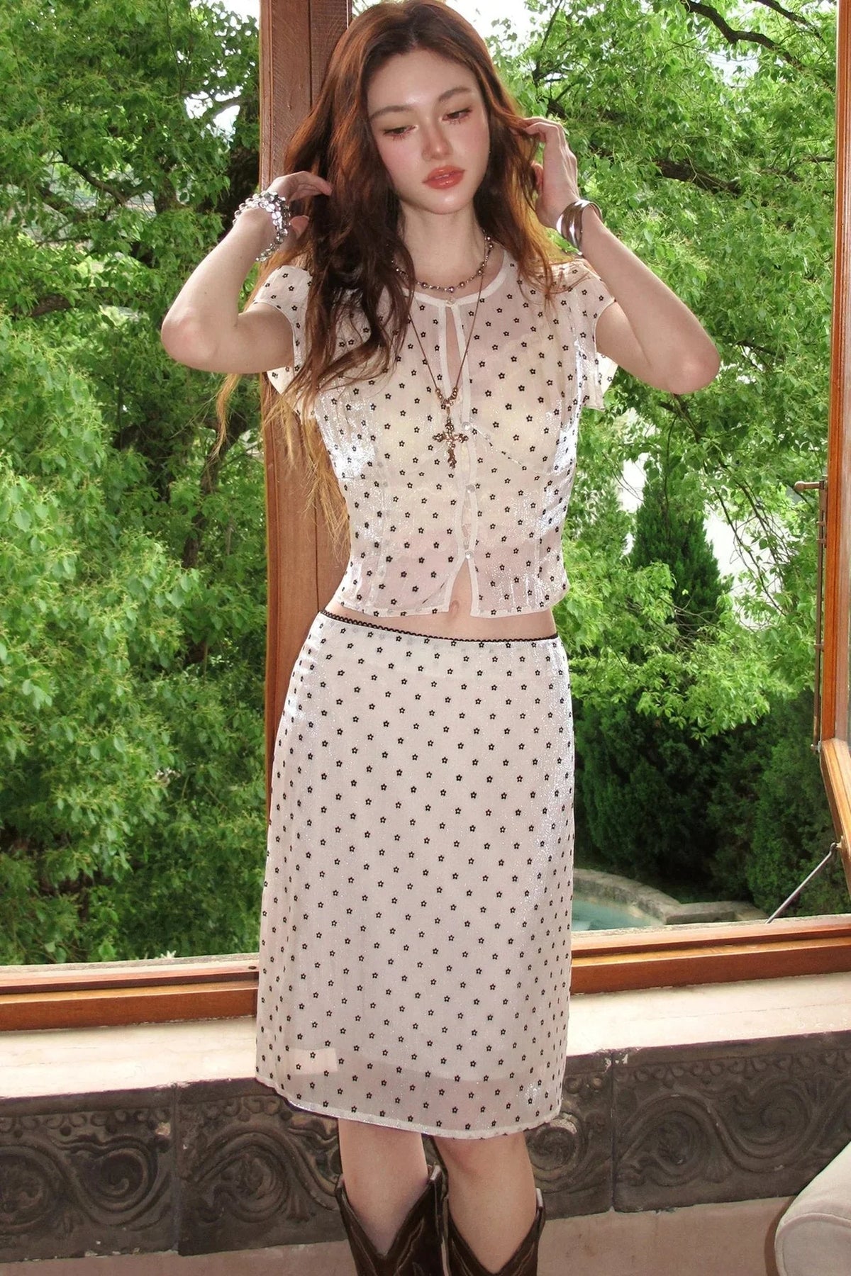 Glossy Polka Dot Top and Skirt Set-Up