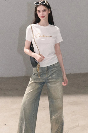 Gold Foil Print Knit T-Shirt