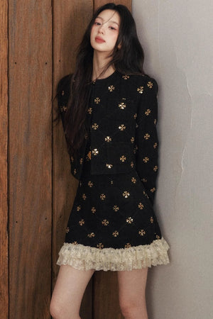 Gold Sequin Tweed Winter Short Coat Set-Up