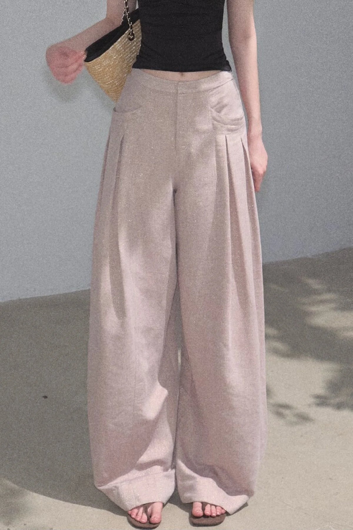Gold Silk Linen Wide-Leg Pants