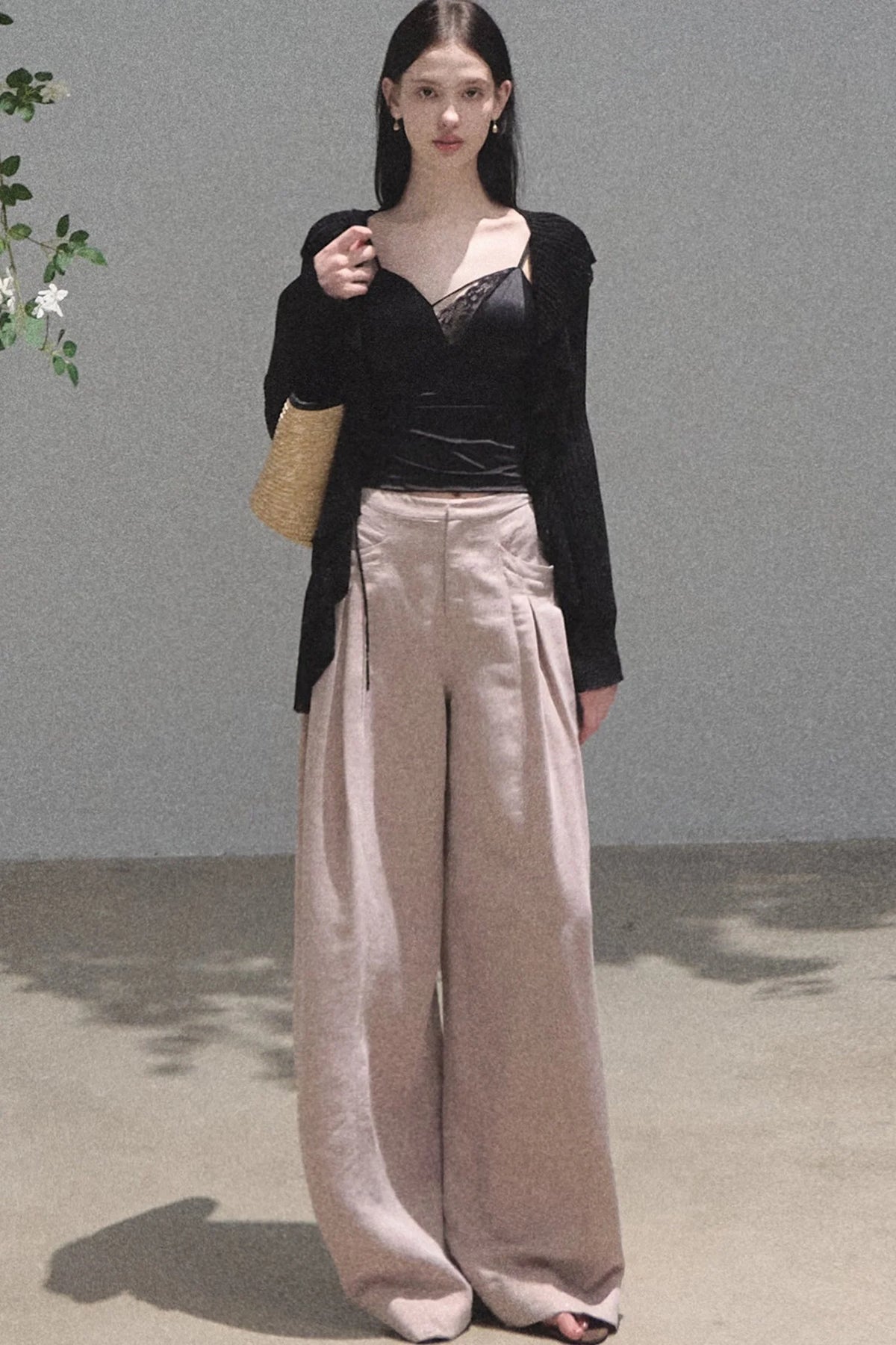 Gold Silk Linen Wide-Leg Pants