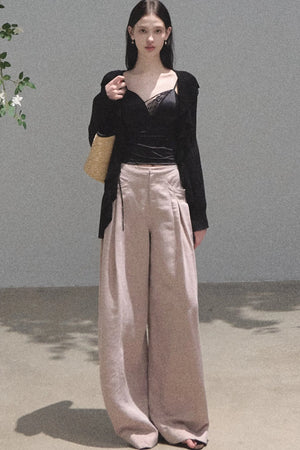 Gold Silk Linen Wide-Leg Pants